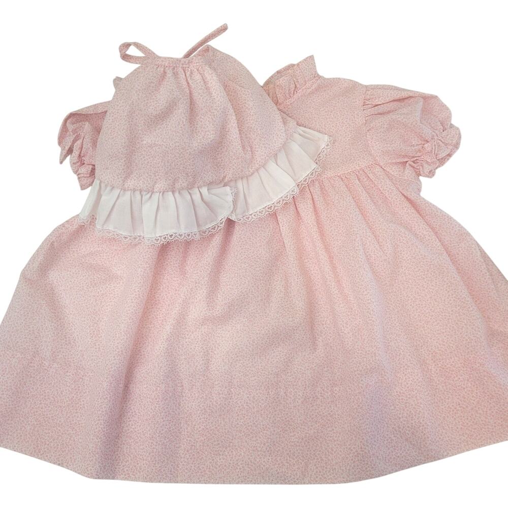 Vintage Nana’s Pets Baby Girl Dress & Bonnet Set Size 1 Pink & White Easter